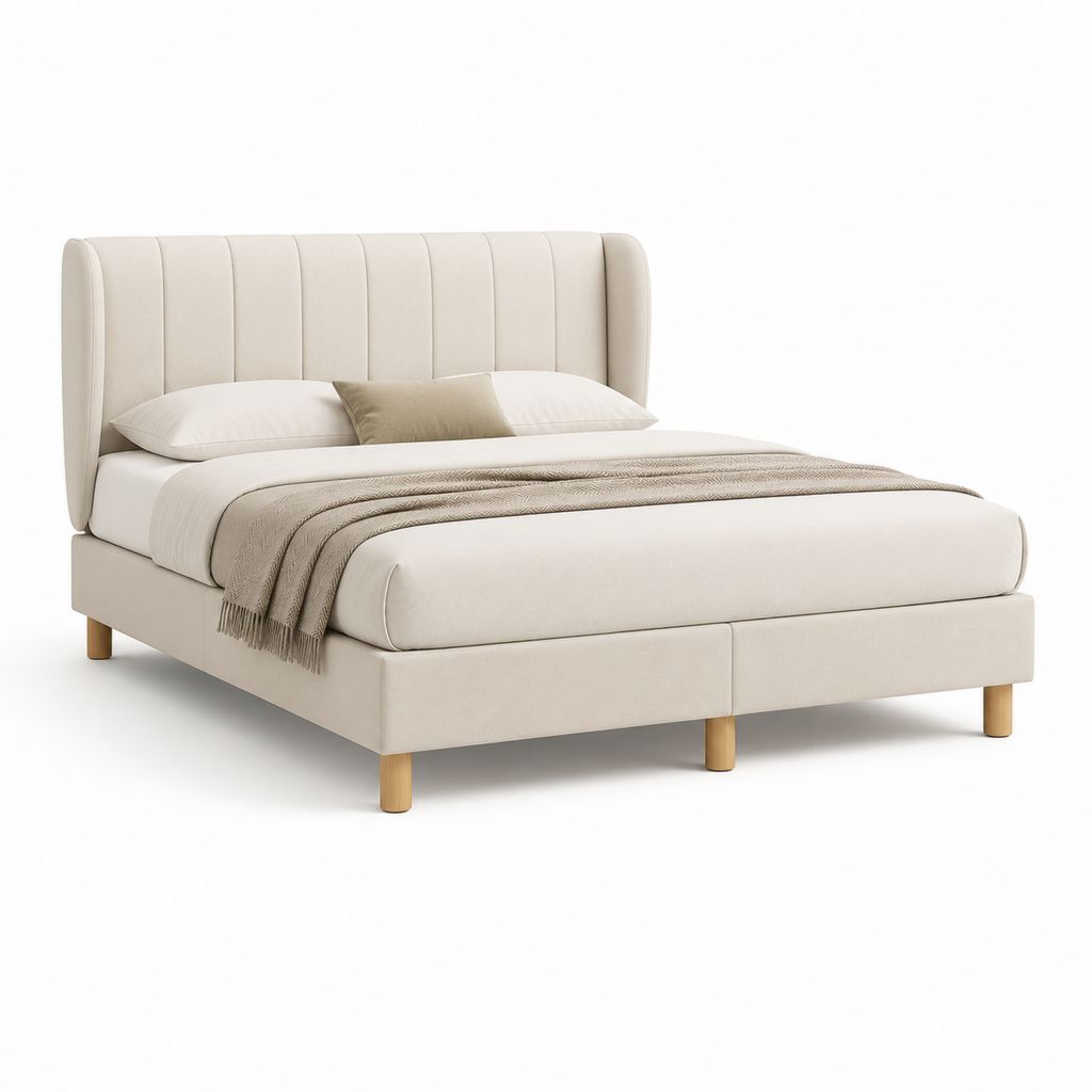 Polsterbett Doppelbett Creme mit Polyesterbezug und Holzfüßen 160 x 200 cm