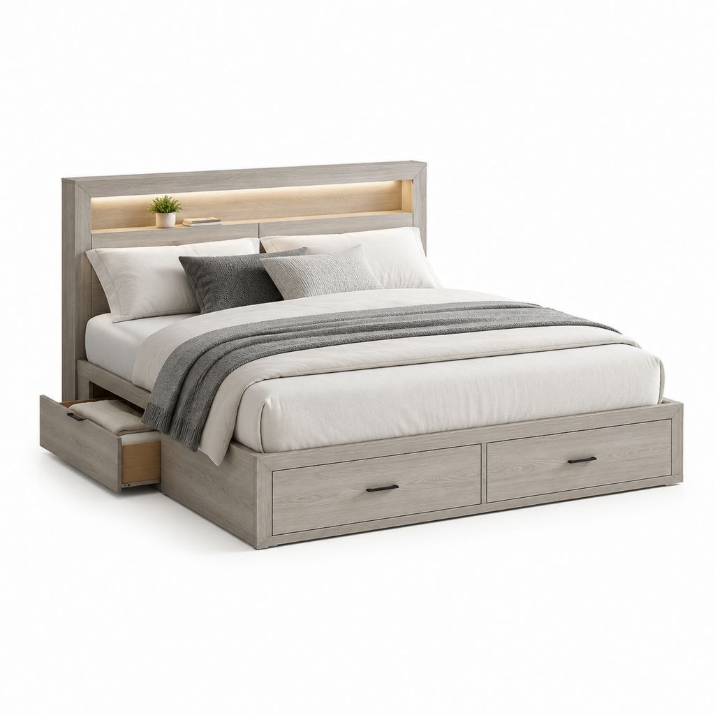 Doppelbett Bettgestell mit Stauraum und LED-Kopfteil Grau Eiche Spanplatte Rechteckig 180 x 200 cm