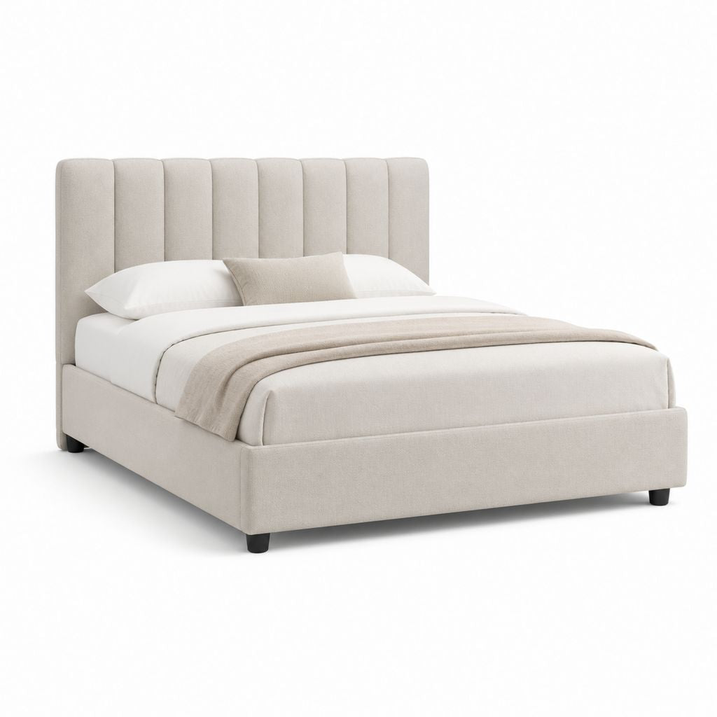 Polsterbett Beige mit Polyesterbezug und vertikal gestepptem Kopfteil 160 x 200 cm