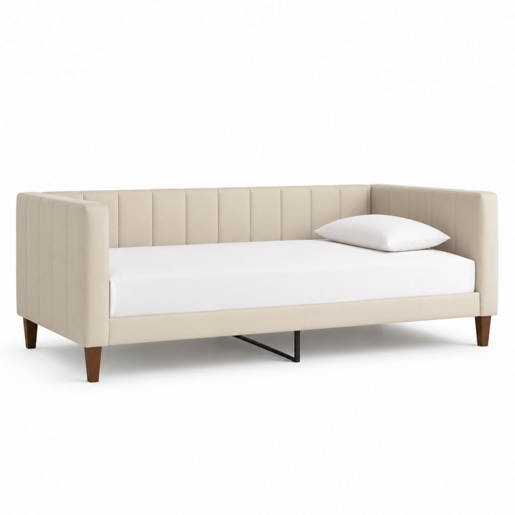 Tagesbett Einzelbett Creme mit Polyesterbezug und Holzbeinen 90 x 200 cm