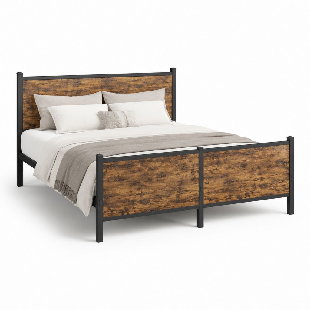 Doppelbett Metallbettgestell Schwarz Braun mit Holzwerkstoffpaneelen 160 x 200 cm