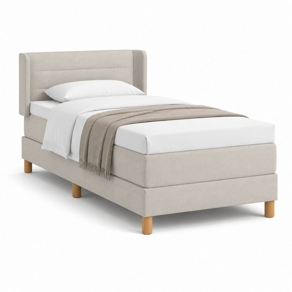 Polsterbett Einzelbett Beige mit Polyesterbezug und Buchenholzfüßen 90 x 200 cm