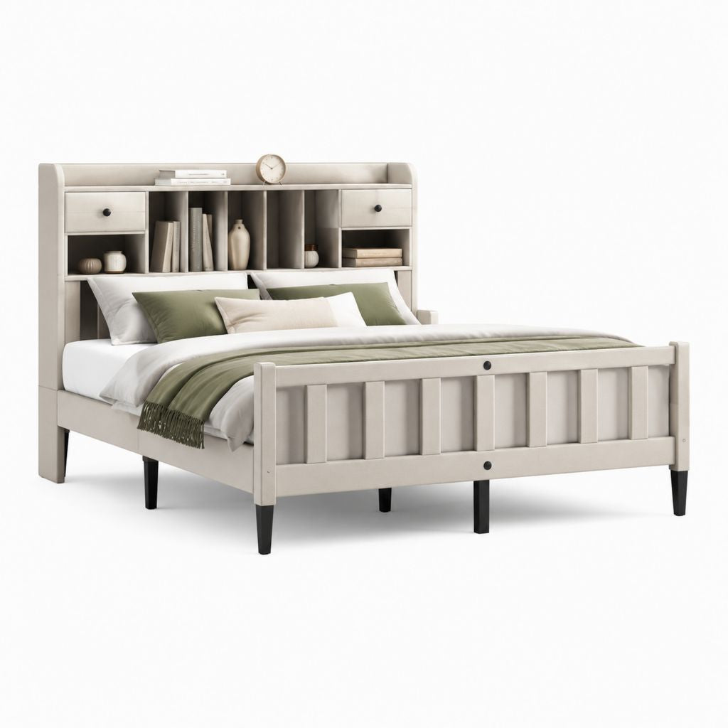 Bettgestell mit Stauraum Beige MDF rechteckig für 160 x 200 cm Matratze