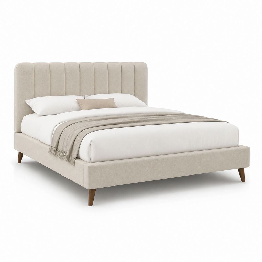 Polsterbett Doppelbett Beige mit Polyesterbezug und vertikal gestepptem Kopfteil 160 x 200 cm