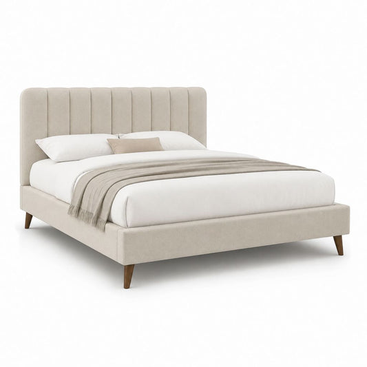 Polsterbett Doppelbett Beige mit Polyesterbezug und vertikal gestepptem Kopfteil 160 x 200 cm